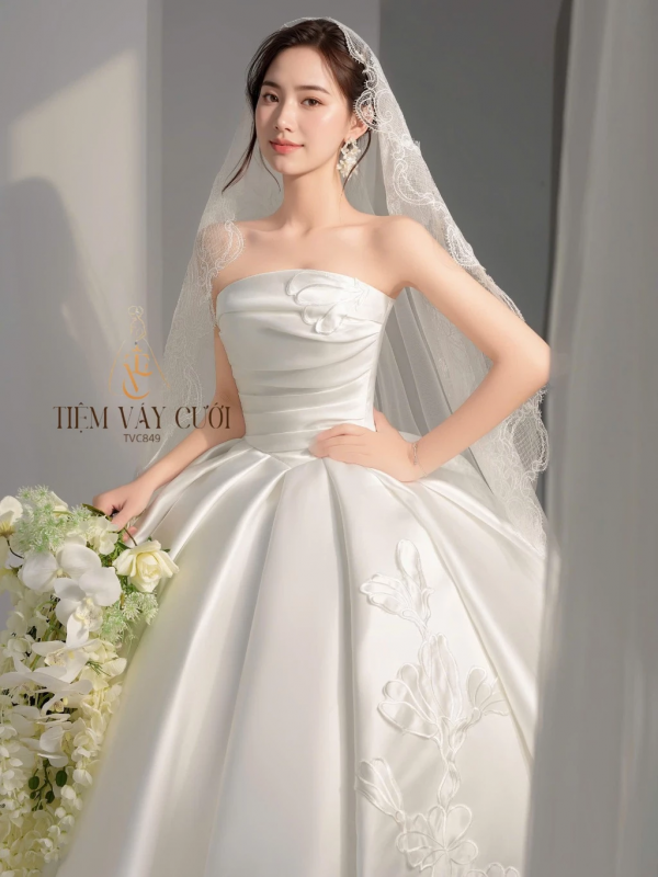 TVC849 Váy Cưới Làm Lễ, Váy Cưới Cô Dâu, Đầm Cưới Đi Tiệc, Cúp Ngực, Vải Phi, Xếp Ly
