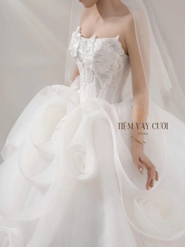 TVC860 Váy Cưới Làm Lễ, Váy Cưới Cô Dâu, Đầm Cưới Đi Tiệc, Cúp Ngực, Tùng Bồng, Xếp Ly