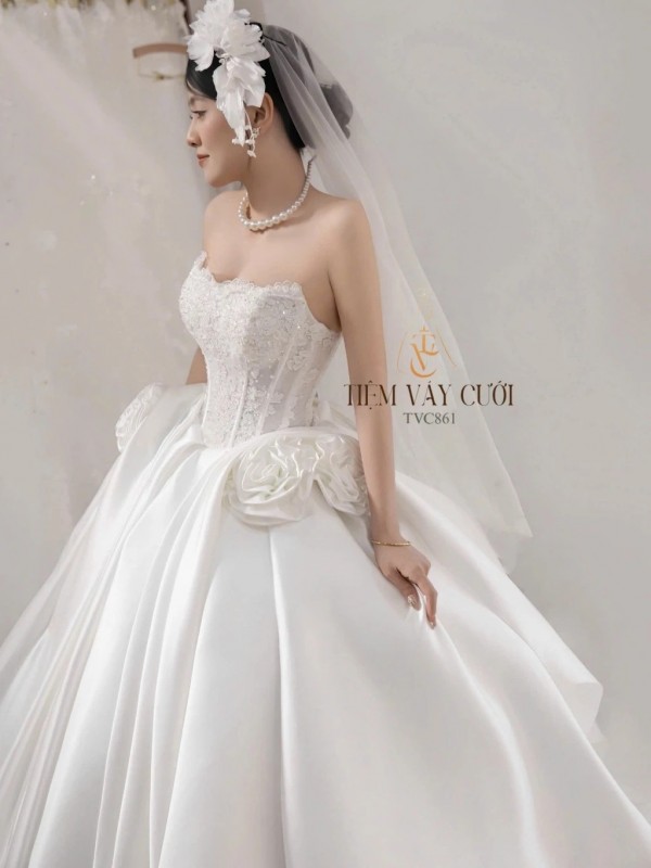 TVC861 Váy Cưới Làm Lễ, Váy Cưới Cô Dâu, Cúp Ngực, Phi, Hoa 3D, Cúp Ngực, Váy Thiết Kế