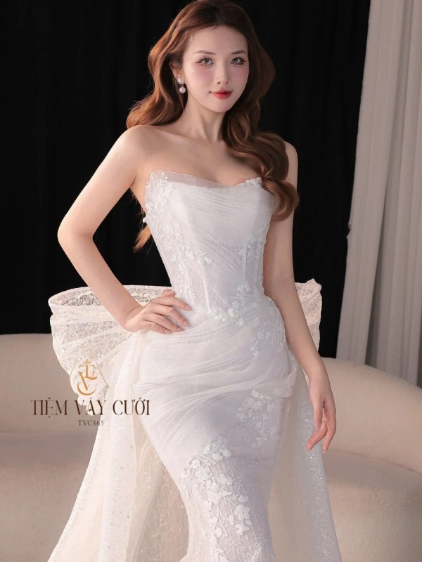 TVC865 Váy Cưới Đi Bàn, Váy Cưới Cô Dâu, Đầm Cưới Đuôi Cá, Cúp Ngực, Tà Dài, Nơ Lớn