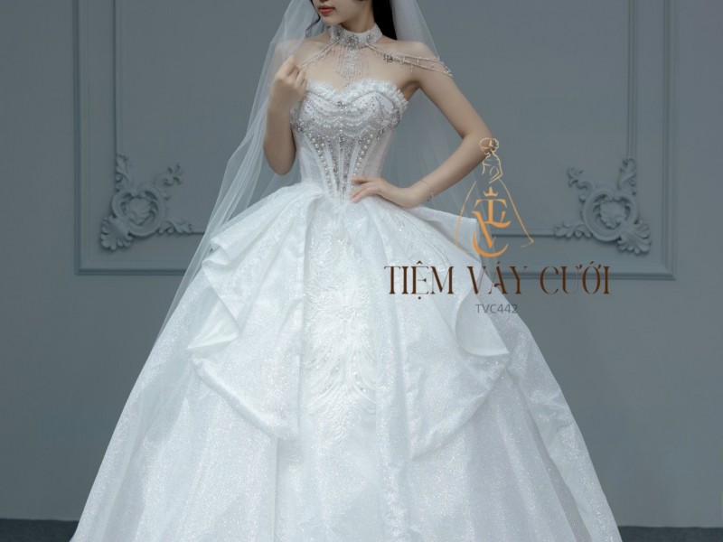 TVC442 Đầm Cưới Cô Dâu, Váy Tiệc Cưới Đi Tiệc, Cúp Ngực, Tùng Bồng Bềnh
