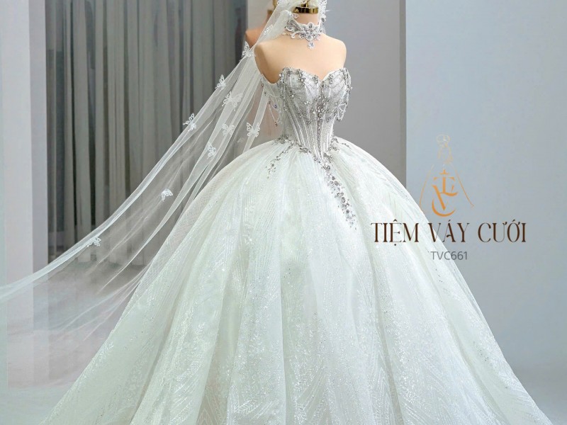 TVC661 Đầm Cưới Cô Dâu, Váy Cưới Tiệc Làm Lễ, Đính Đá, Cúp Ngực ,Dáng Xòe