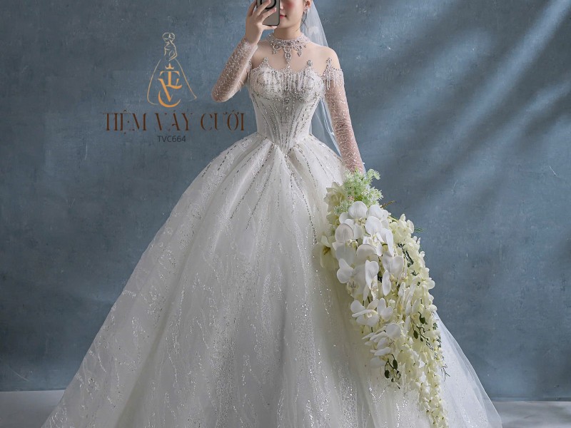 TVC664 Đầm Cưới Cô Dâu, Váy Cưới Làm Lễ, Đi Tiệc, Dáng Xoè, Dài Tay, Cúp Ngực, Đính Đá