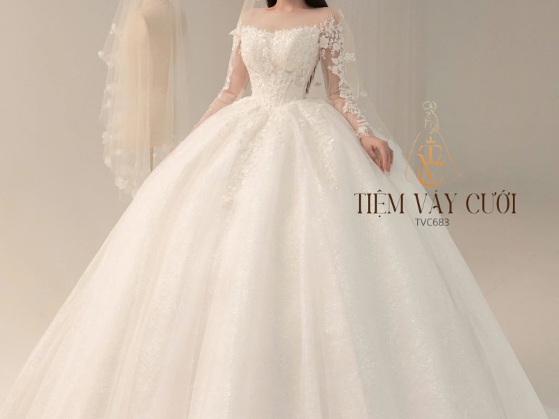 TVC683 Đầm Cưới Cô Dâu, Váy Cưới Tiệc Làm Lễ, Tay Lỡ, Đính Hoa