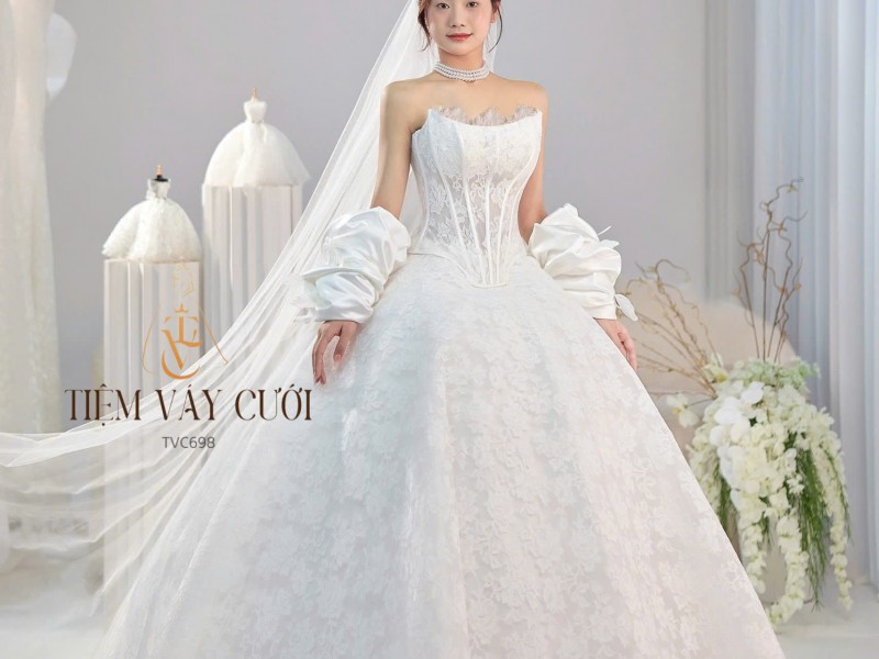 TVC698 Váy Cưới Làm Lễ, Đầm Cưới Đi Tiệc, Cúp Ngực, Tùng Bồng Bềnh, Ren