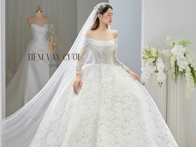 TVC700 Váy Cưới Làm Lễ, Đầm Cưới Làm Lễ, Cúp Ngực, Dài Tay