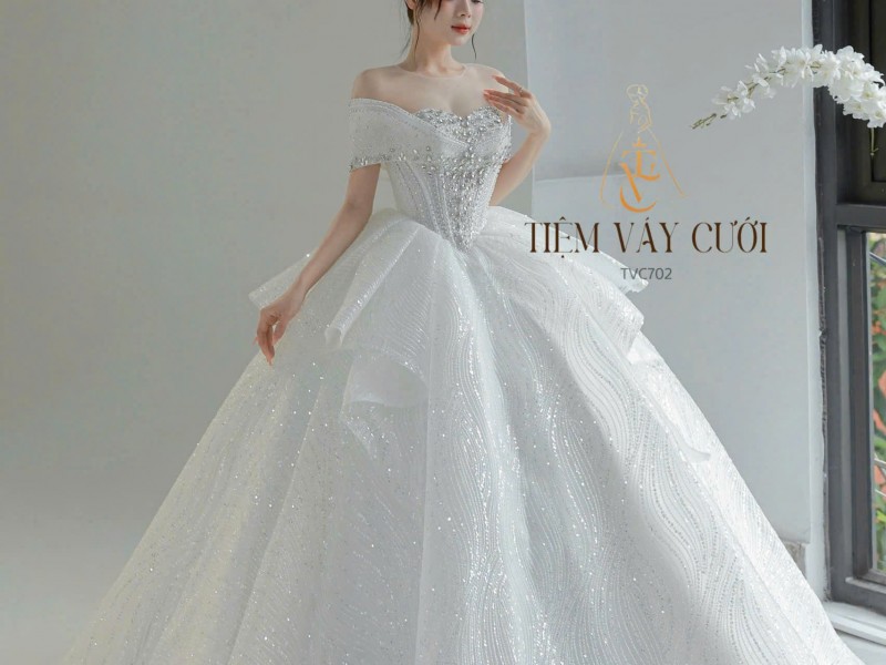 TVC702 Váy Cưới Làm Lễ, Đầm Cưới Đi Tiệc, Cúp Ngực, Bệt Vai Ngang