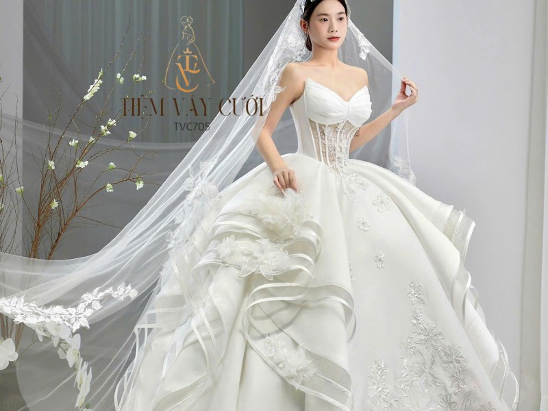 TVC705 Váy Cưới Làm Lễ, Đầm Cưới Đi Tiệc, Cúp Ngực, Tùng Thiết Kế