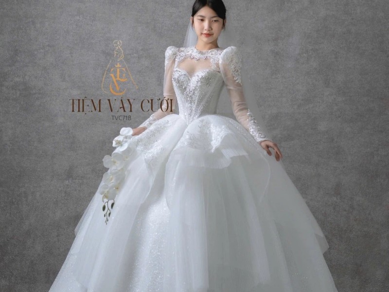 TVC718 Váy Cưới Làm Lễ, Đầm Cưới Đi Tiệc Tay Dài, Kim Sa