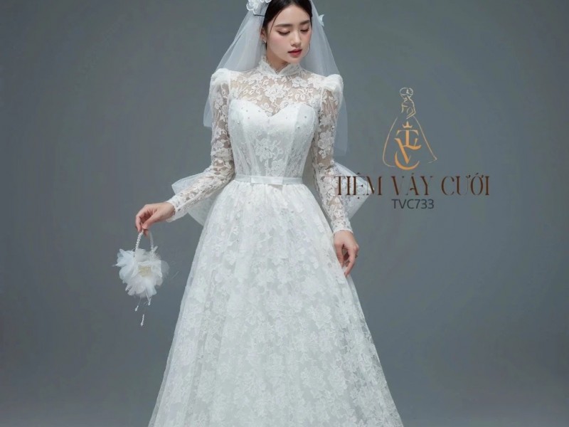 TVC733 Váy Cưới Đi Bàn, Đầm Cưới Dáng Xuông, Dài Tay, Hoa 3D