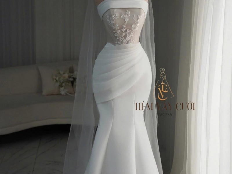 TVC735 Váy Cưới Đi Bàn, Đầm Cưới Đuôi Cá, Cúp Ngực, Dáng Ôm