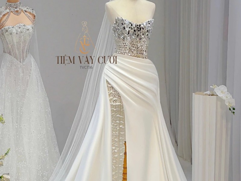 TVC736 Váy Cưới Đi Bàn, Đầm Cưới Đuôi Cá, Cúp Ngực, Hoạ Tiết, Xẻ Tà