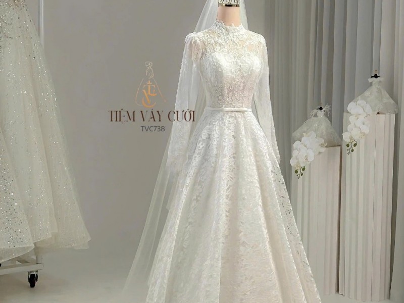 TVC738 Váy Cưới Đi Bàn, Đầm Cưới Dáng Xuông, Dài Tay, Hoa 3D
