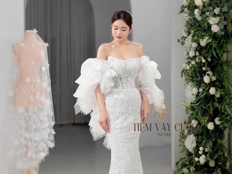 TVC740 Váy Cưới Đi Bàn, Đầm Cưới Đuôi Cá, Cúp Ngực, Tay Rời