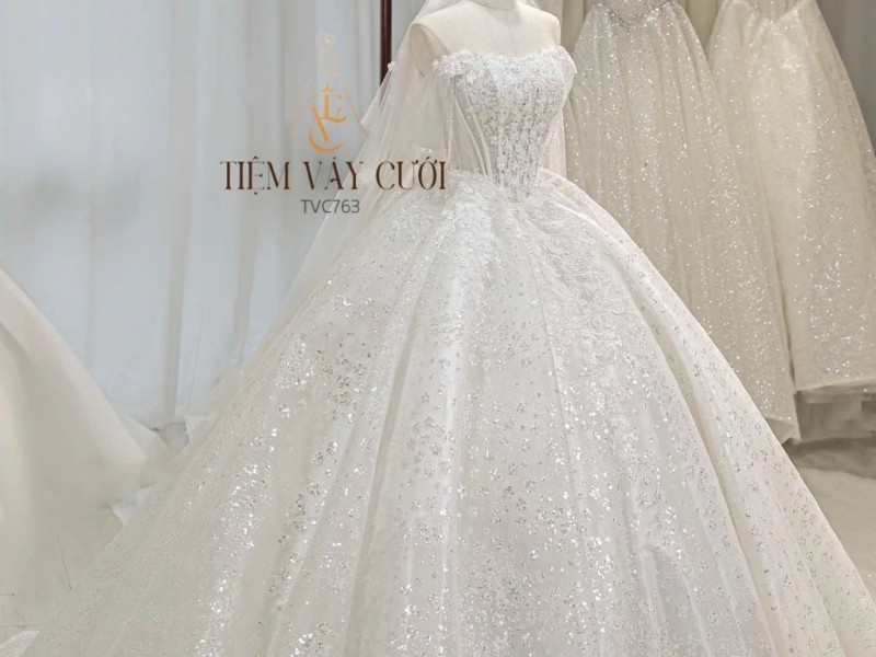 TVC763 Váy Cưới Làm Lễ, Đầm Cưới Đi Tiệc, Đính Hoa 3D, Cúp Ngực