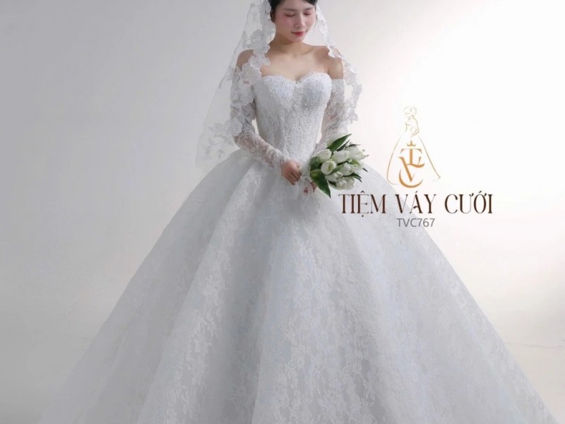 TVC767 Váy Cưới Làm Lễ, Đầm Cưới Đi Tiệc, Cúp Ngực, Dài Tay, Xếp Ly, Cổ Rời