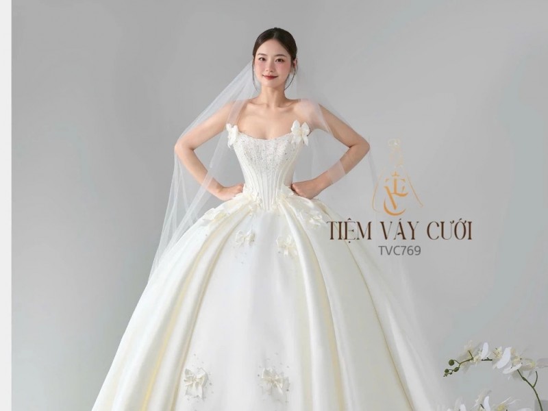 TVC769 Váy Cưới Làm Lễ, Đầm Cưới Đi Tiệc, Nơ 3D, Cúp Ngực
