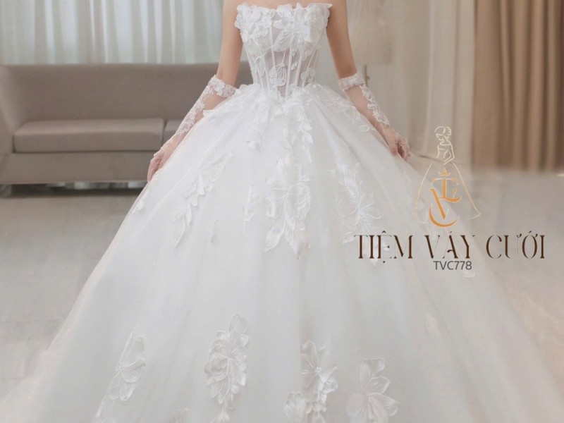 TVC778 Váy Cưới Làm Lễ, Đầm Cưới Cao Cấp, Hoa 3D, Cúp Ngực