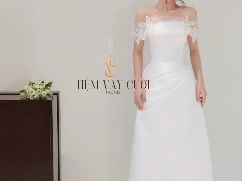 TVC783 Váy Cưới Đi Bàn, Đầm Cưới Xuông, Bệt Vai Ngang, Nhẹ Nhàng