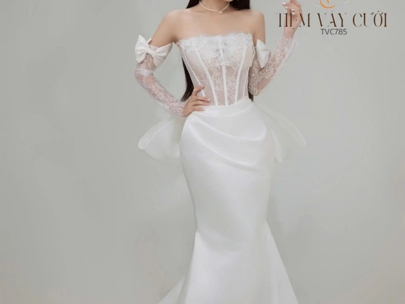 TVC785 Váy Cưới Đi Bàn, Đầm Cưới Đuôi Cá, Nơ Rời, Găng Tay
