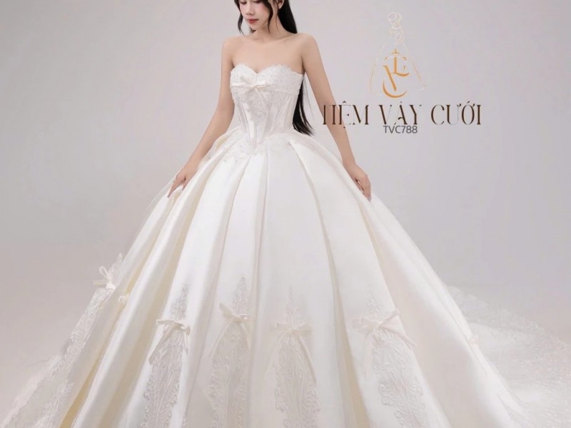 TVC788 Váy Cưới Làm Lễ, Đầm Cưới Cô Dâu, Cúp Ngực, Hoạ Tiết