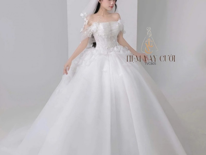 TVC805  Váy Cưới Làm Lễ, Đầm Cưới Đi Tiệc, Voan, Bệt Vai Ngang, Tùng Bồng