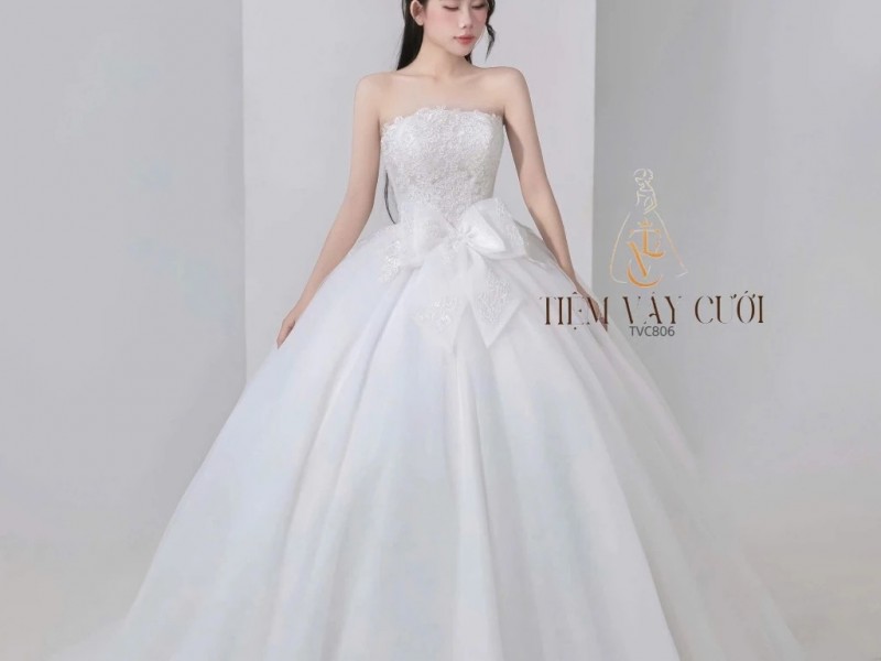 TVC806 Váy Cưới Làm Lễ, Đầm Cưới Đi Tiệc, Dài Tay, Kim Sa, Cúp Ngực, Tùng Bồng