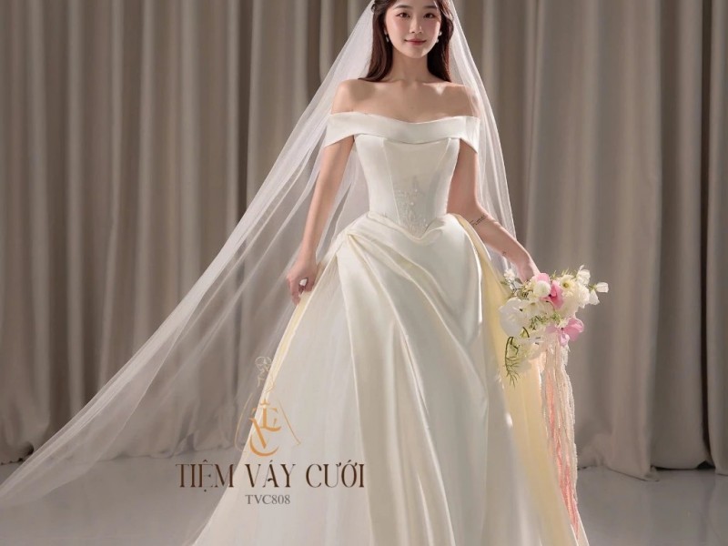 TVC808 Váy Cưới Đi Bàn, Đầm Cưới Dáng Ôm, Bệt Vai Ngang, Phi