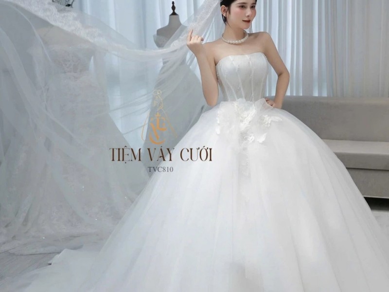 TVC810 Váy Cưới Làm Lễ, Đầm Cưới Tiệc, Cúp Ngực, Hoa 3D