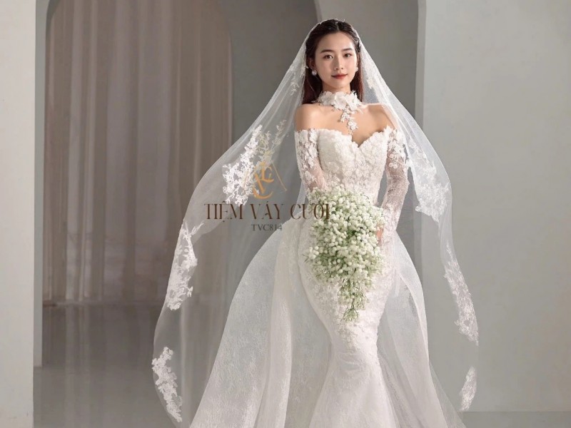 TVC814 Váy Cưới Đi Bàn, Đầm Cưới Đuôi Cá, Tà rời, Ren