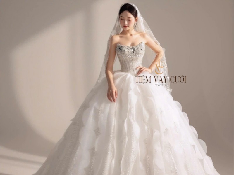 TVC819 Váy Cưới Làm Lễ, Váy Cưới Tiệc Cúp Ngực, Vải Phi Nhật, Ren, Váy Thiết Kế