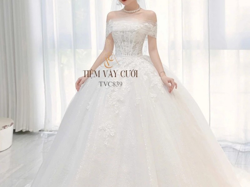 TVC839 Váy Cưới Làm Lễ, Đầm Cưới Lông Vũ, Cúp Ngực, Dáng Xoè