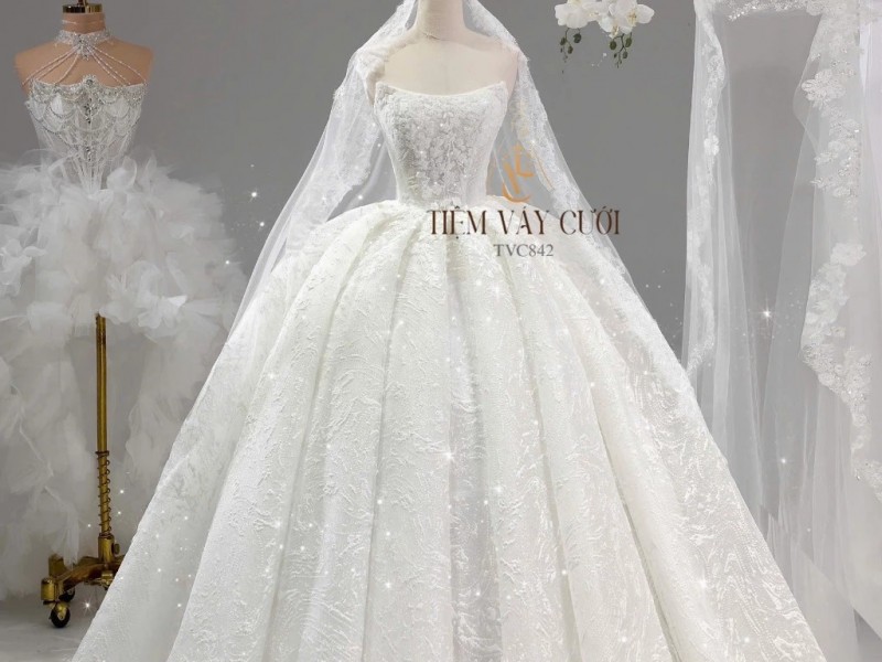 TVC842 Váy Cưới Làm Lễ, Đầm Cưới Dáng Xoè Bồng Bềnh, Dài Tay, Cúp Ngực, Đính Đá