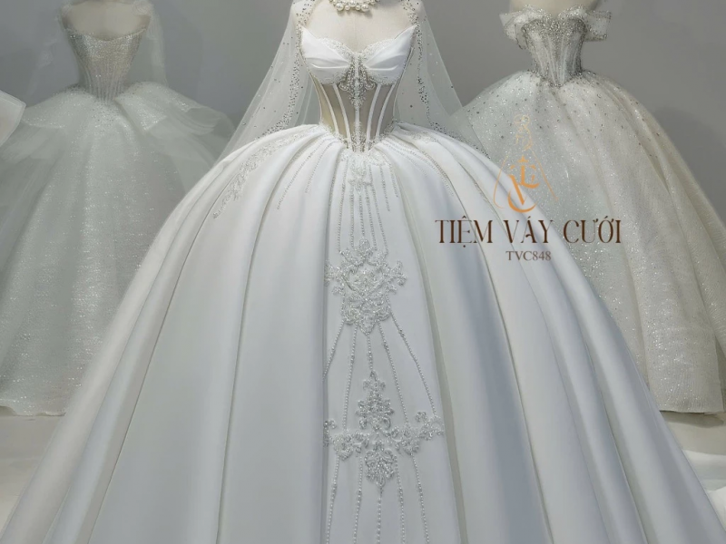 TVC848 Váy Cưới Làm Lễ, Váy Cưới Cô Dâu, Đầm Cưới Đi Tiệc, Gọng Corset, Cúp Ngực, Phi, Xếp Ly, Tùng Bồng