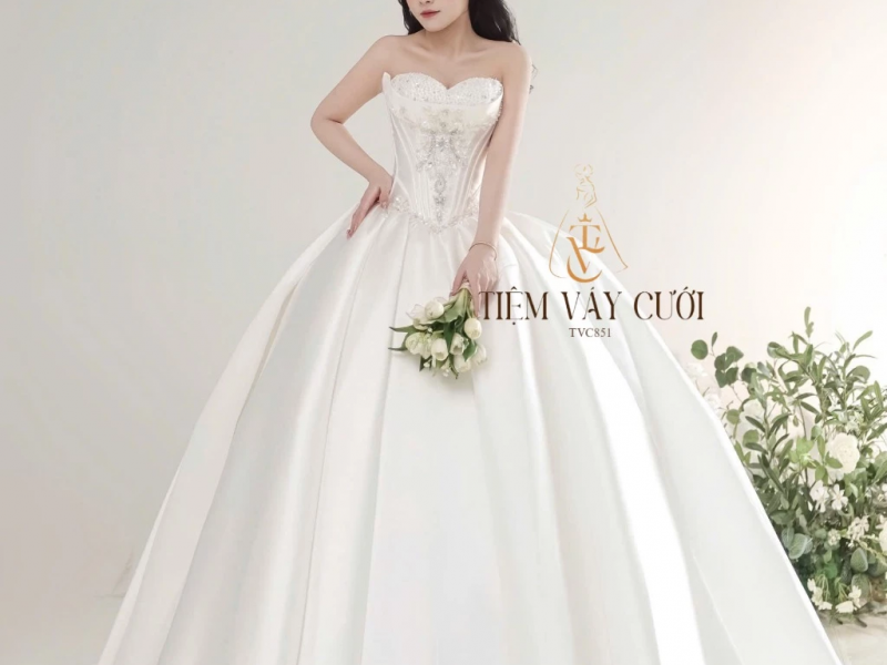 TVC851 Váy Cưới Làm Lễ, Váy Cưới Cô Dâu, Đầm Cưới Đi Tiệc, Cúp Ngực, Tùng Bồng, Xếp Ly